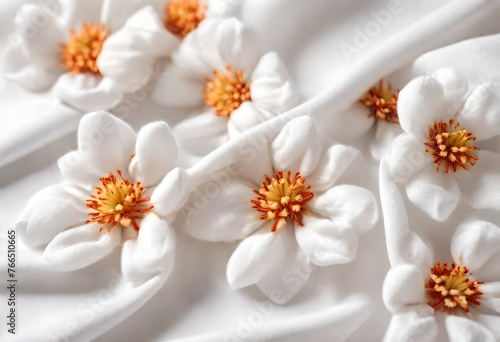 Cotton flower on white cotton fabric cloth backgrounds with copy space. 
