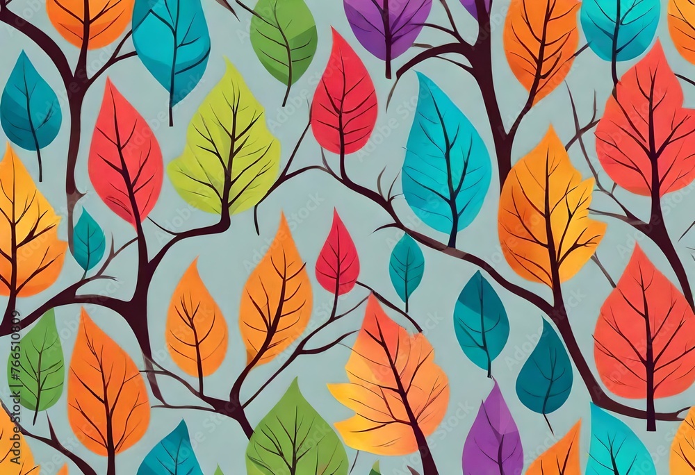 Colorful tree with leaves on hanging branches illustration background. abstraction wallpaper. Floral tree with multicolor leaves
