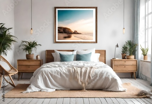 Mockup frame in bedroom interior background, Coastal boho style © Mehr