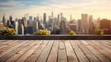 The empty wooden table top with blur background of sky lounge on rooftop with cityscape view. Exuberant image. generative AI