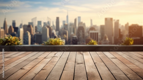 The empty wooden table top with blur background of sky lounge on rooftop with cityscape view. Exuberant image. generative AI photo