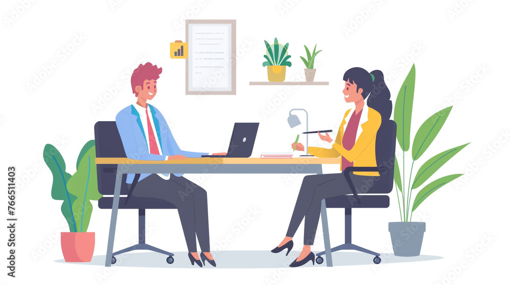 A male and female employee have an interview in the office