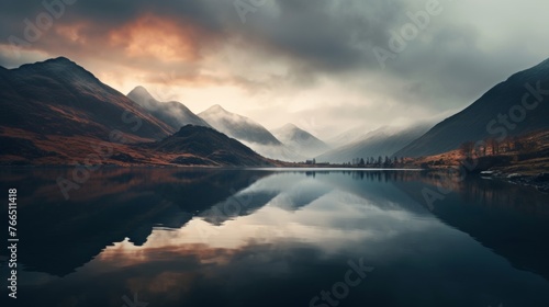 Beautiful landscape image of lake district with reflection in water at sunrise