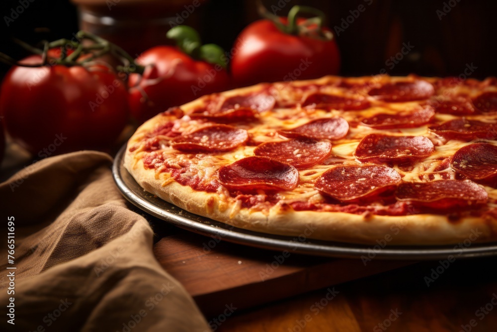Delicious pizza on a rustic plate against a chenille fabric background
