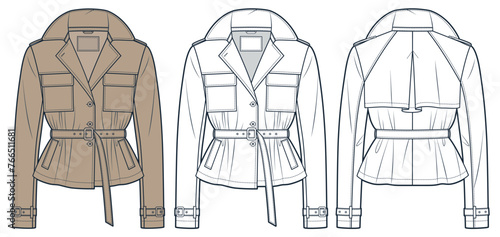 Cropped Trench Coat technical fashion Illustration. Belted Jacket fashion flat technical drawing template, pockets, buttons, front and back view, white, beige, women, men, unisex CAD mockup set.
