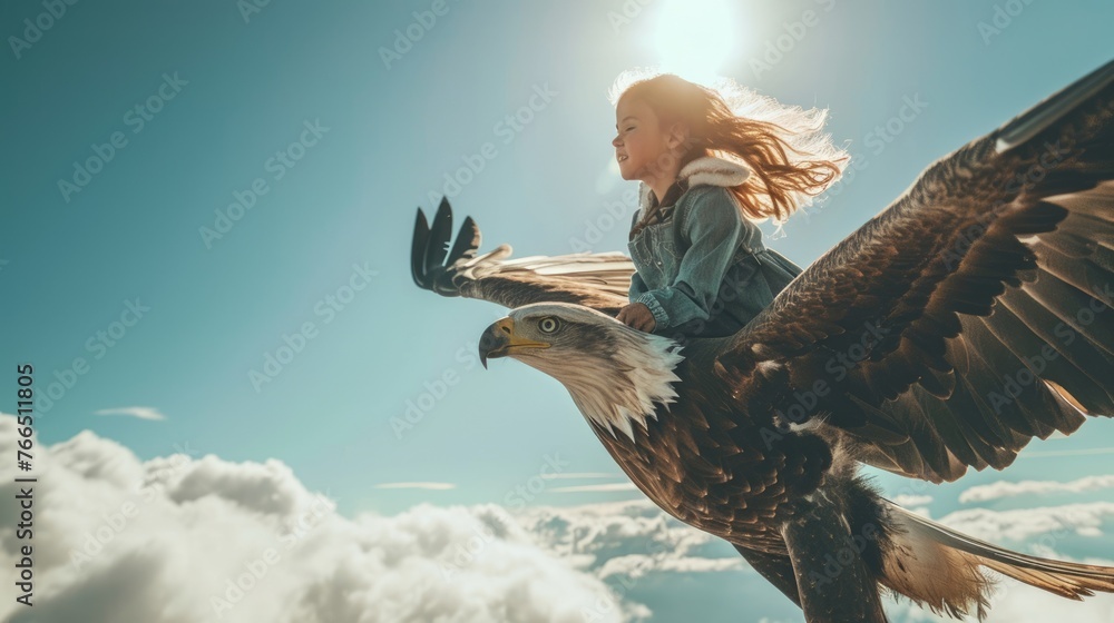 The side view of the picture that has the child flying into the bright sky with the flying object that has been called the eagle yet the size of the eagle so big when compare with the child. AIGX03. - obrazy, fototapety, plakaty 