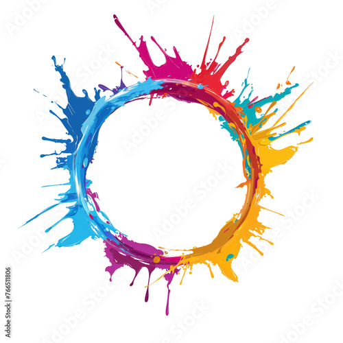 A circle of various colored paint splatters is on transparent background