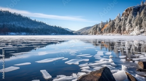 Peaceful partially frozen lake in winter