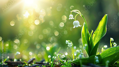 Lily of the valley flowers with wet petals growing against lush green grass in beautiful springtime scene. Beautiful greeting card for Mothers day