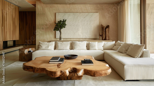 An elegant living room in a villa designed in the style of Anouska Hempel, with raw wood and a cream linen sofa photo