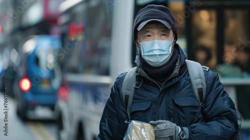 A courier is delivering packages using a truck and taking precautions by wearing a face mask to photo