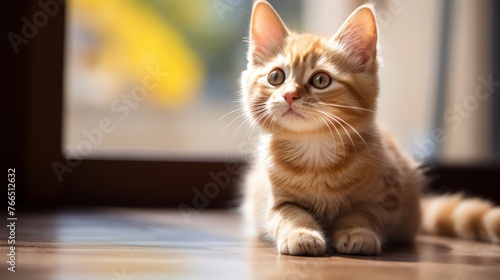 Orange cute kitten sitting on the floor.