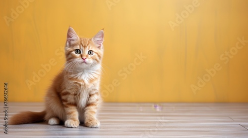 Cute orange cat sitting on the floor on yellow background. Copy space