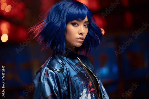 Commanding attention, the influencer with electric-blue hair and enchanting navy eyes takes center stage in a captivating oversized bomber, amidst the 