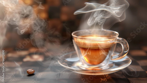 Warm steaming cup of coffee expresso Americano with steam in a glass cup and glass saucer