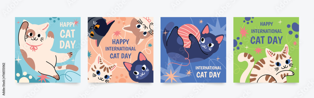 Happy international cat day square cover set. Cute cats and funny kitten, paw foot design collection with flat color in different poses.  Adorable pet animals illustration for international cat day.  - obrazy, fototapety, plakaty 