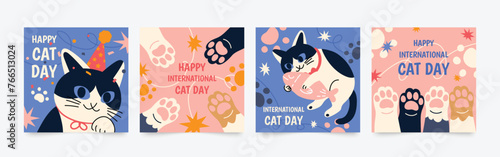 Happy international cat day square cover set. Cute cats and funny kitten, paw foot design collection with flat color in different poses.  Adorable pet animals illustration for international cat day. 