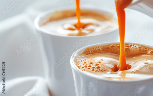 Coffee is poured into two mugs, coffee with milk, flat white, cappuccino.