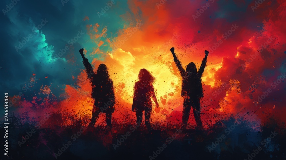 Silhouettes of three individuals celebrating triumphantly against a backdrop of a fiery, abstract explosion of colors, symbolizing joy and victory.