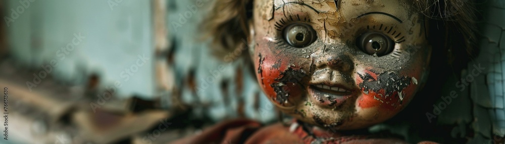 Creepy doll in an abandoned room horror movie close-up Creepy doll in an abandoned room horror movie close-up