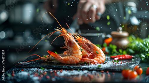 seafood professional cook prepares shrimps with spri photo