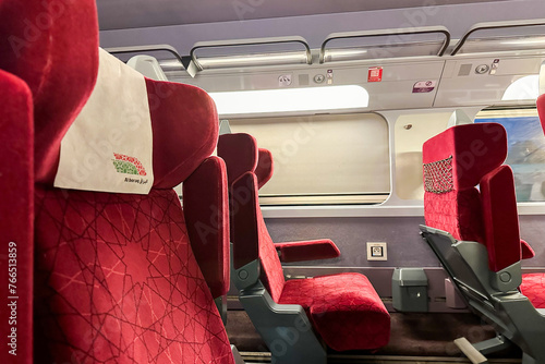 Comfy seats inside the first class cabin of Al Boraq high speed train in Morocco
