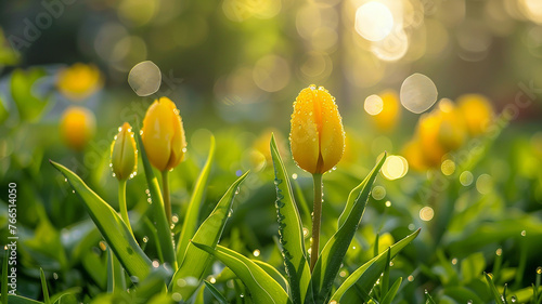 Collection of yellow tulips glistening with water droplets, showcasing the beauty of springtime blooms. Beautiful greeting card for Mothers day. Banner with copy space