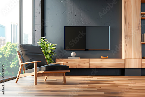 modern tv room with a chair at the foreground, 