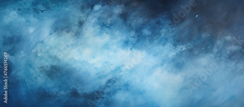 Cloud-filled sky painted in shades of blue and white with a prominent blue dot in the center