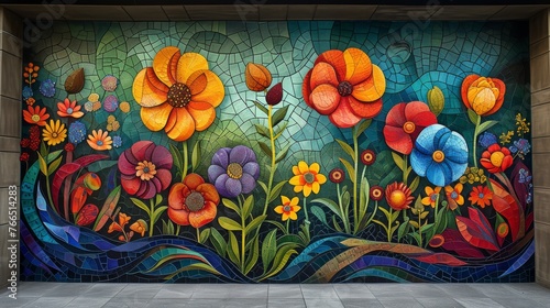 A beautifully detailed mosaic wall mural showcasing a variety of lush flowers and organic elements in vibrant colors.