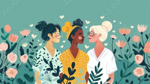 watercolor illustration, vintage postcard, International Women's Day, International Midwives' Day, women talking among flowers, green background
