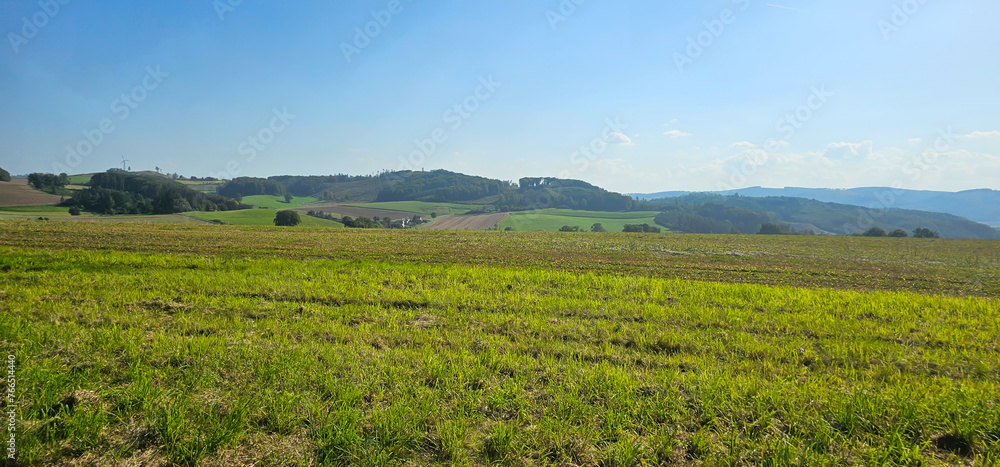 beautiful landscape with green field and clouds on sky.