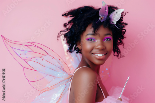 Young Black Woman with Fairy Wings and Joyful Smile
