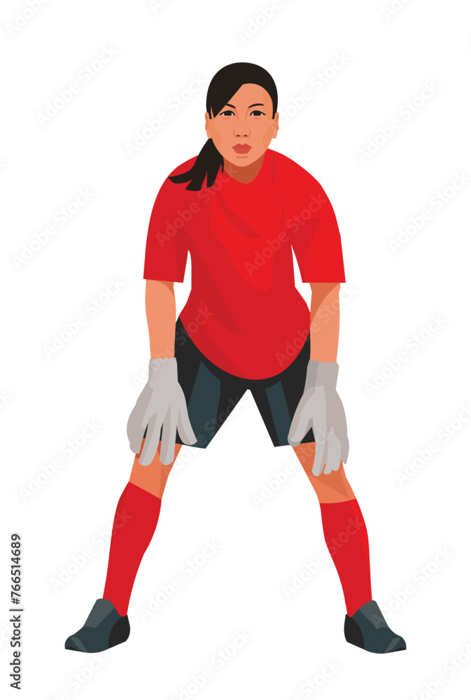 Asian women's football school goalkeeper in red uniforms stands in goal and waits for the ball