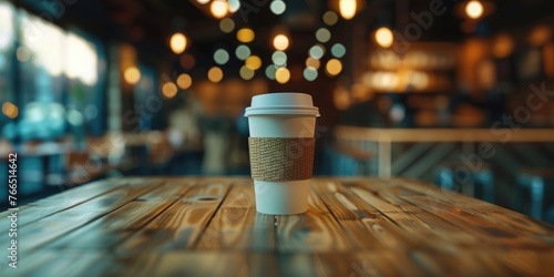A coffee cup with a white lid sits on a wooden table in a cafe. The scene is dimly lit, with a few lights in the background. The coffee cup is the main focus of the image, and it is a simple