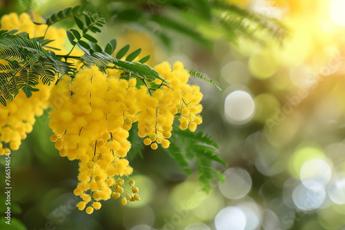 A bunch of bright yellow mimosa flowers blooming on a tree in spring. Beautiful spring background