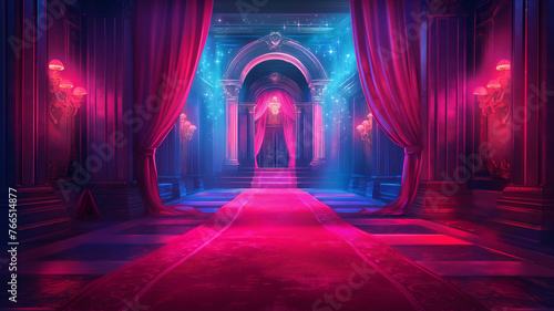 A room with a red curtain and a red carpet
