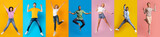 Cheerful multiethnic young people expressing positive emotions on colorful studio backgrounds