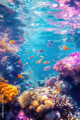 A colorful coral reef with many fish swimming around. The fish are orange, pink, and blue