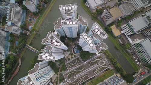 Drone footage of Kallang River and bridges along the modern architecture of Singapore on a sunny day photo