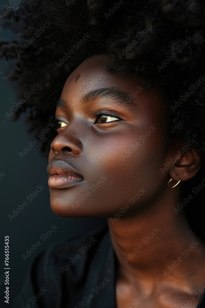 A woman with a dark complexion and a gold earring. She is looking at the camera. The image has a mood of confidence and self-assurance