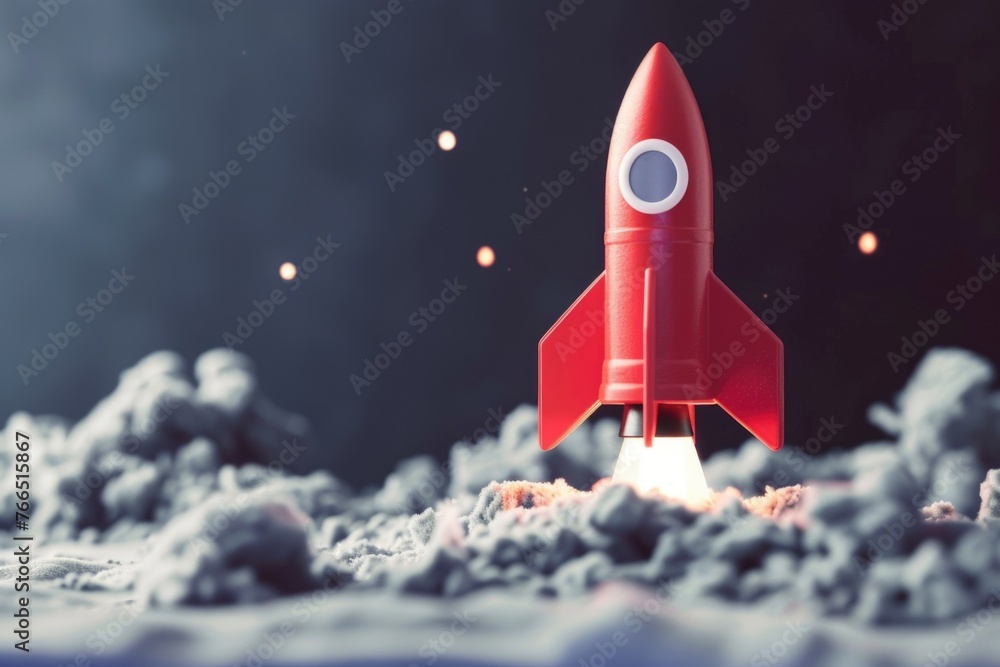 A red rocket is flying through the sky, leaving a trail of smoke behind it. Concept of excitement and adventure, as if the rocket is embarking on a journey to explore the unknown