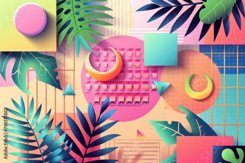 Bright abstract vector illustration of geometric shapes and forms with colorful gradients and tropical elements