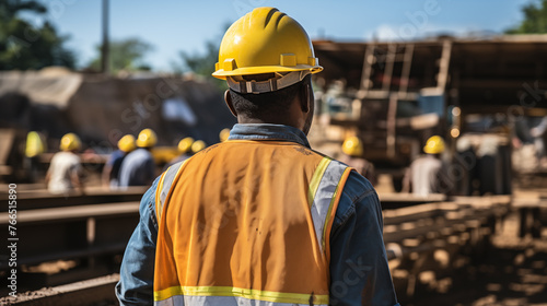 Back view of african-american worker standing at construction site