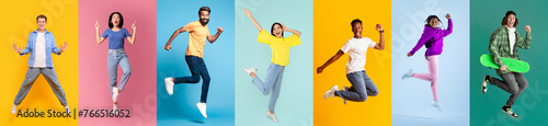 Happy Youth. Diverse Cheerful Multiethnic People Jumping Against Colorful Studio Backgrounds