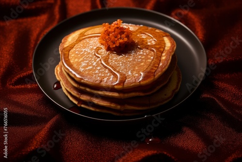 Hearty pancakes on a metal tray against a chenille fabric background