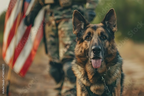A military man and his German Shepherd stand in front of a US flag on Veterans Day. Concept Veterans Day, Military Tribute, Pet Portrait, American Flag, Patriotic Photoshoot