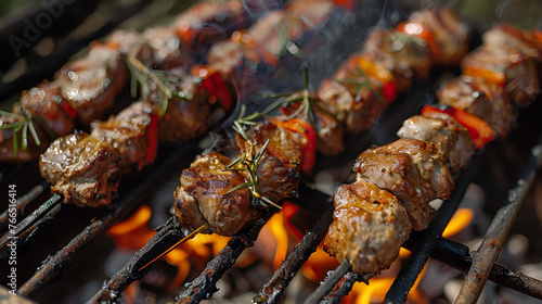 Grilling seasoned shashlik on barbecue grill