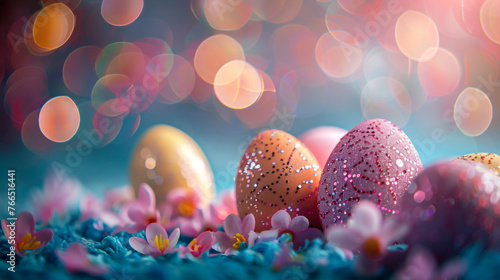 Festive Easter banner in the highlights of the side. The Concept Of The Easter Holiday. Easter eggs, chickens, spring grass, spring flowers. Christian Easter attributes. A place to place a text, a bus
