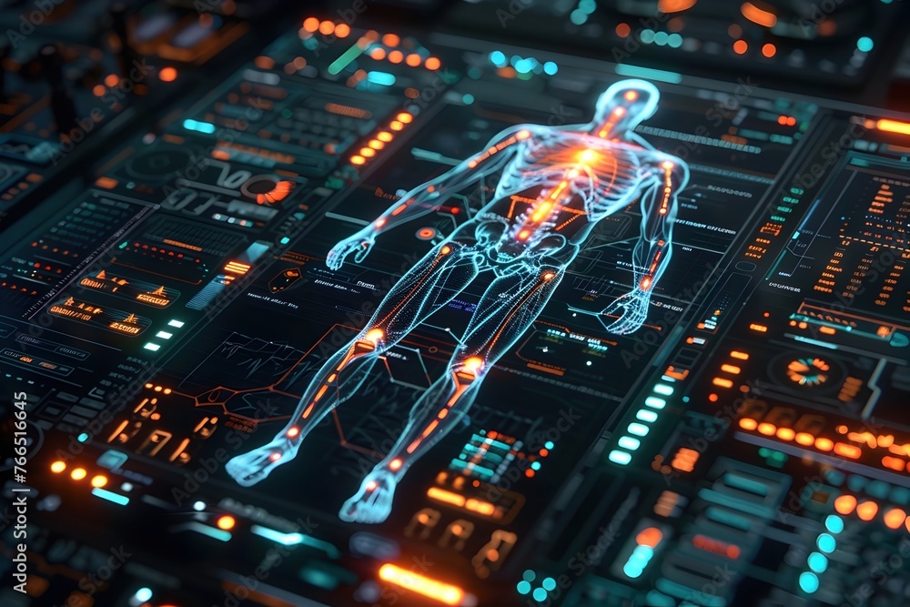 Fototapeta premium futuristic medical lab with holographic displays showing detailed anatomy, showcasing advanced technology in medicine and health care, medical technology concept